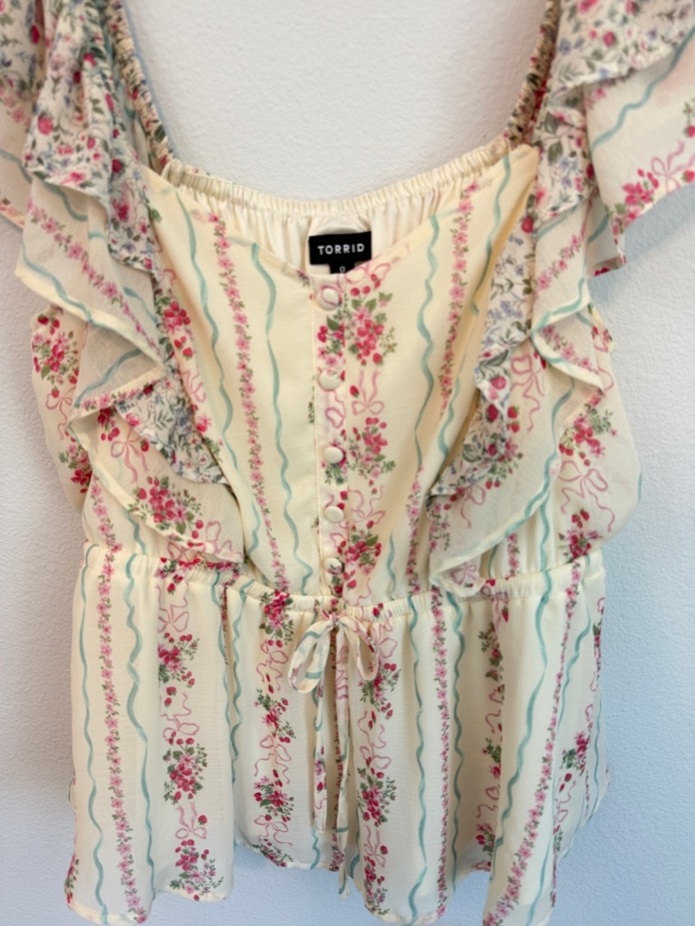 Torrid Ruffle Cinched Blouse Cream Floral Peplum Top - Picture 5 of 13
